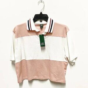 Wild Fable NWT Women's Pink Stripe Boxy Cropped Collared Rugby Polo Shirt